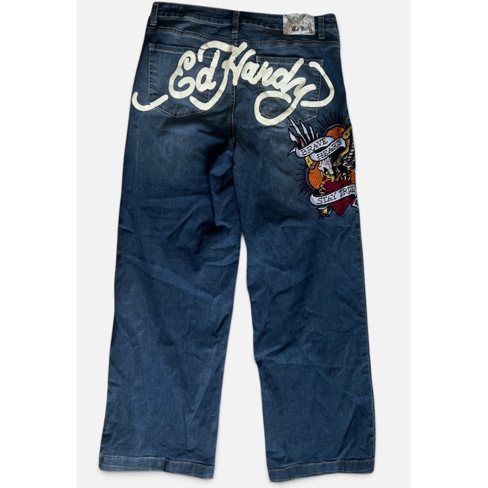 Ed Hardy Jeans Womens 32 Wide Leg Embroidered Eagle Tattoo Y2K Denim Blue